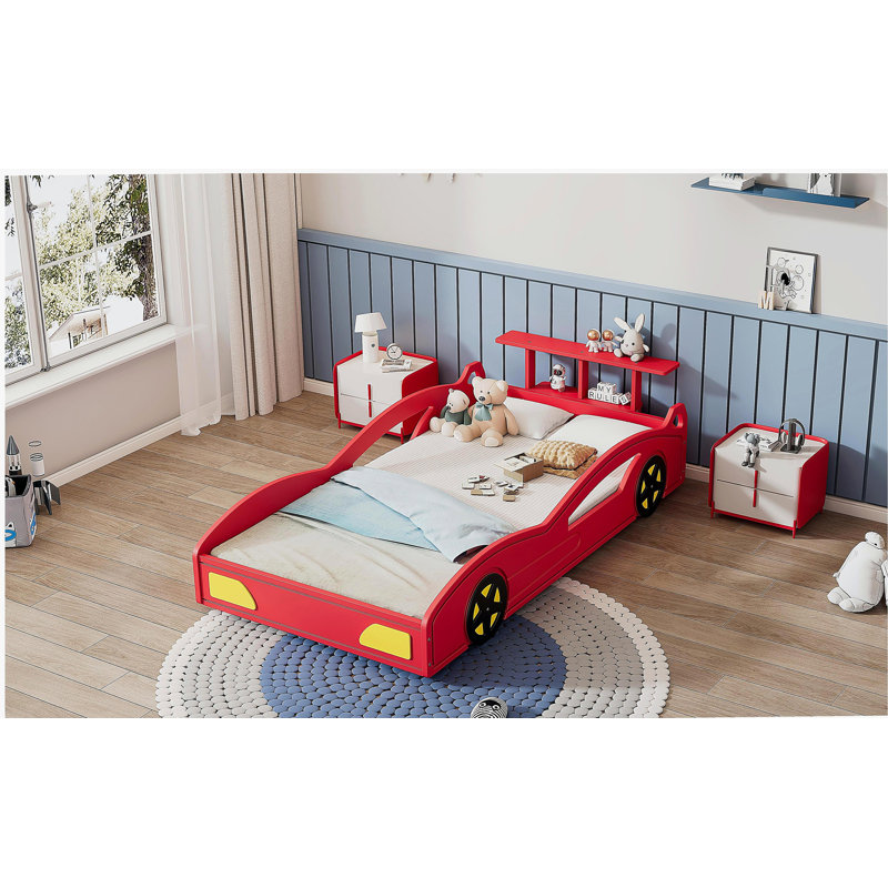 Lit de voiture de course en bois, lit plateforme simple en forme de voiture avec roues pour adolescents, Rouge