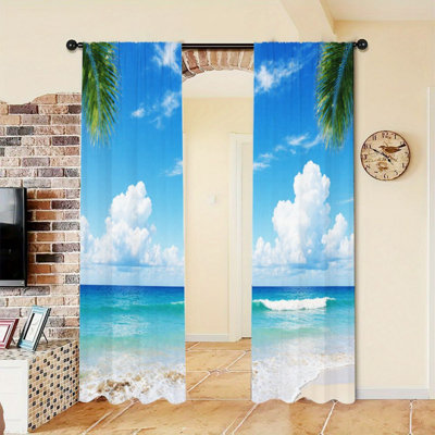 Rideau filtrant la lumière de la plage tropicale 2 pièces avec feuilles de palmier et vagues de l'océan, décor rafraîchissant d'été, conception facile avec passe-tringle, rideaux toutes saisons pour la maison