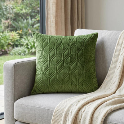 Coussin décoratif en velours olive touffeté à losanges
