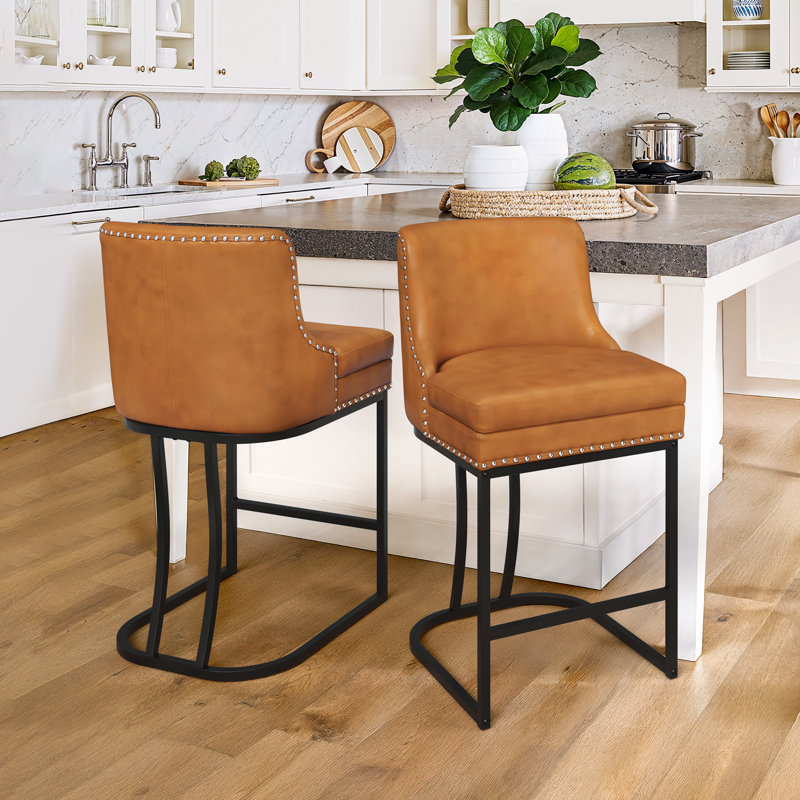 Tabouret de comptoir en métal Donicia, Similicuir / brun jaunâtre, 2