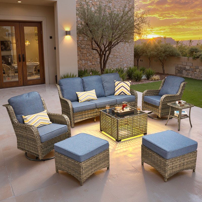 Ensemble de conversation en osier pour 5 personnes Amerissa, 7 Pcs:Sofa,Side/Coffee Table,2 Chairs,2 Ottomans, Bleu