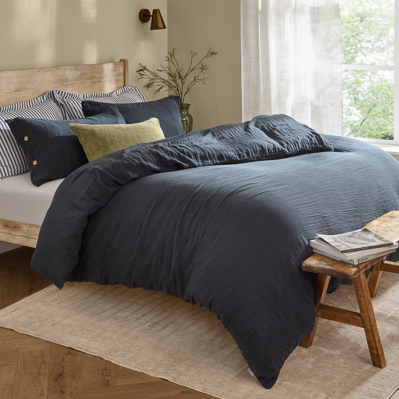 Lark Cotton Solid Colour Duvet Cover Set, Kingsize Duvet Cover + 2 Standard Pillowcases, Navy
