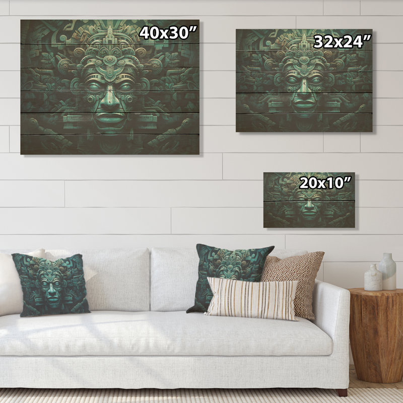 Maya Magic Aztec Mask - Art mural mexicain sur bois de pin naturel, H 30 po x l 40 po