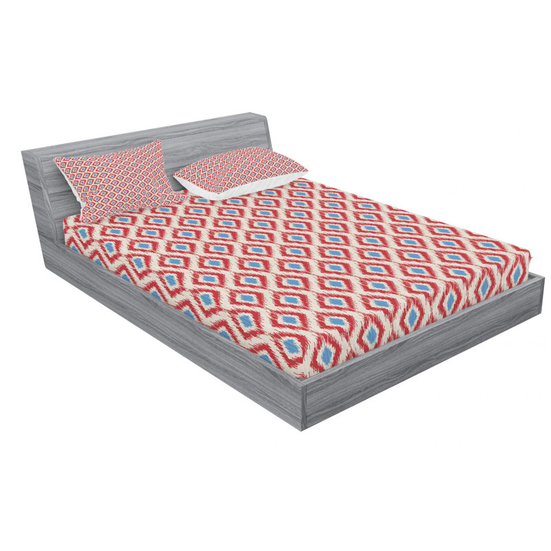 Microfiber Ikat Sheet Set, Full/Double Sheet Set + Fitted Sheet + Pillowcase, Blue/Red Ikat