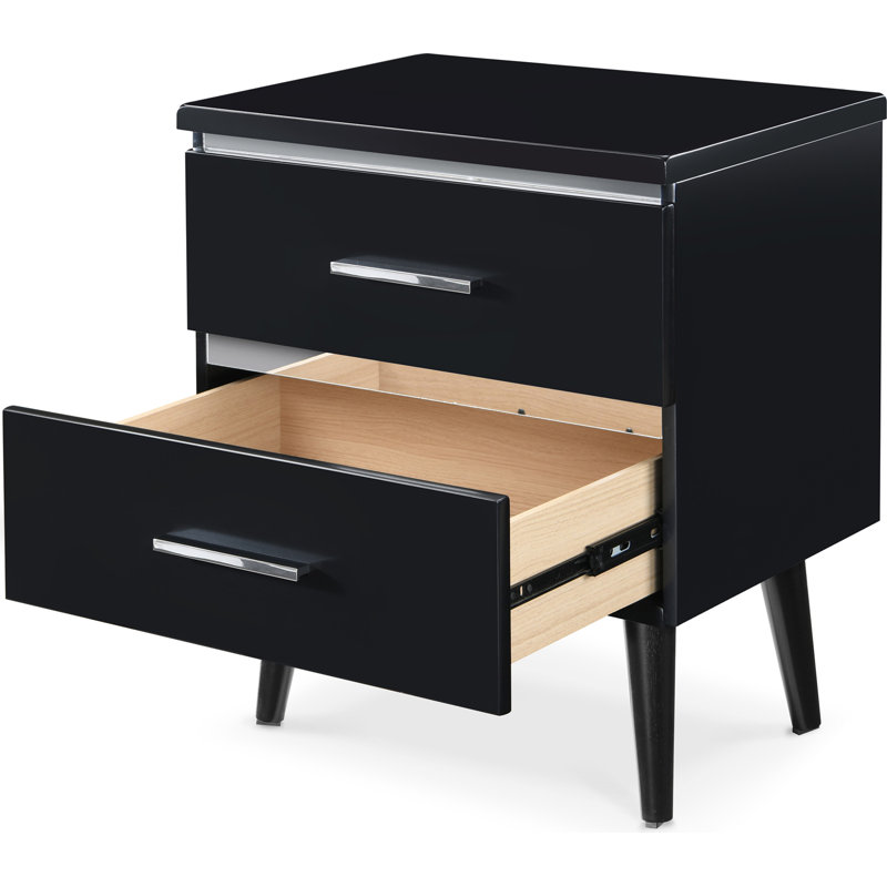 Mid-Century Side Table, 2 Drawers Storage Nightstand, Matte Chrome Handle, Black