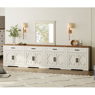 Armoire buffet l 126 po, buffet de ferme 4 en 1 avec porte de grange de rangement, table de salle à manger avec tiroirs à dossiers et tablettes pour le bureau, la chambre à coucher, blanc crème
