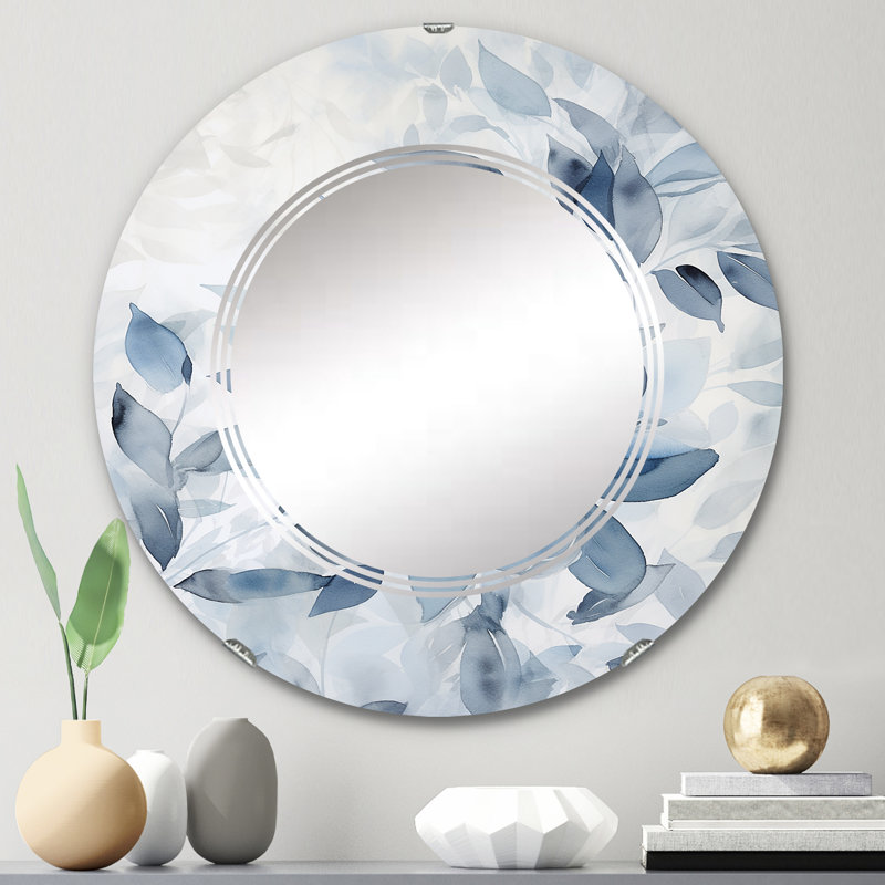 Feuilles de ginko tendres dans des tons de bleu aquarelle - miroir mural rond, 24 po x 24 po