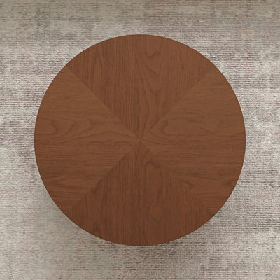 35.43 Inch Drum Shaped Round Walnut Coffee Table With Hidden Storage Drawer And Sphere Base Legs, Mid-Century Modern Low Profile Wooden Cocktail Table For Living Room