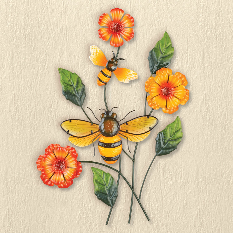 Colorful Floral Metal Wall Art with 3D Bees for Outdoor Decor