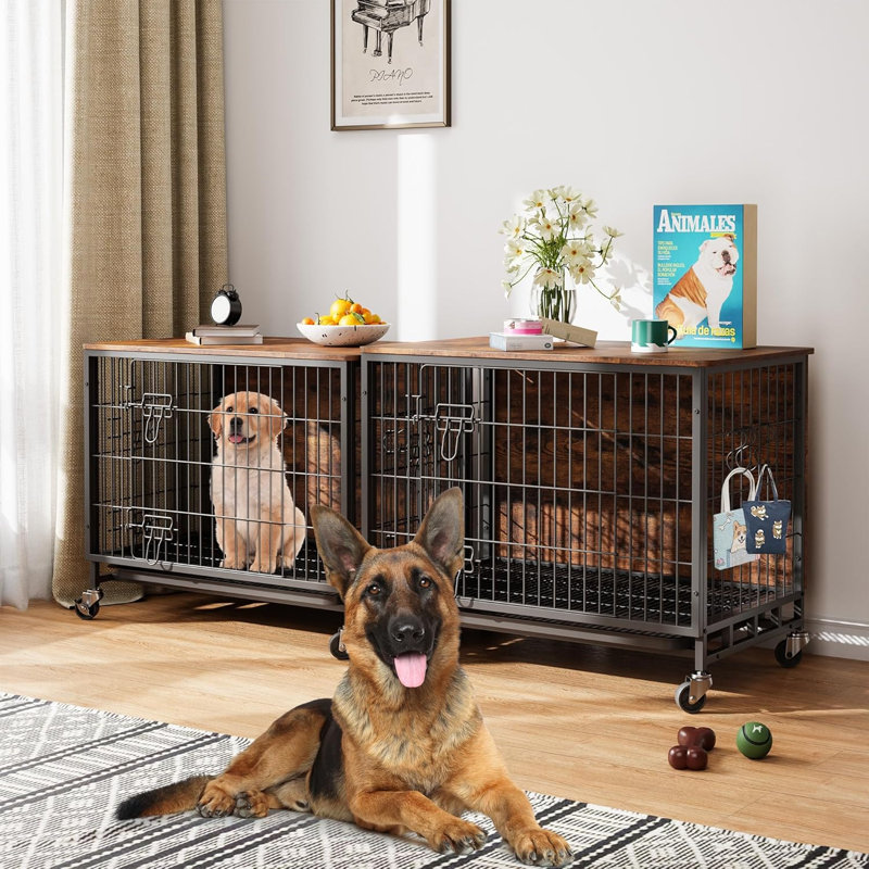 Wooden Dog Crate Furniture End Table with 360° Lockable Wheels, Double Doors, Removable Tray & 3 Hooks, 69×51×60cm, 32KG Top Load Capacity, Pine
