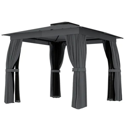 Pavillon de jardin extérieur 10 'x 10', abri à toit souple avec rideaux, filet, structure en acier et crochet de plafond