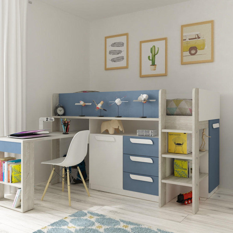 Loren European Single (90 x 200cm) 3 Drawer Mate's & Captain's Mid Sleeper Loft Bed Bed with Bookcase, Grey/Blue