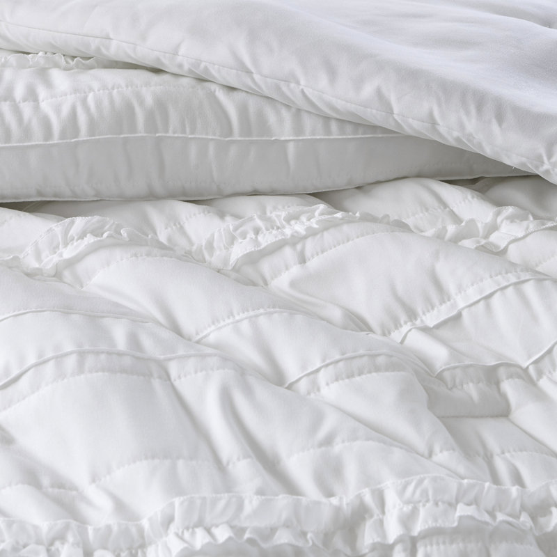 5 Piece Microfiber Comforter For King Size Bed, White With Attractive Ruffle Details Enchanting Ruffles