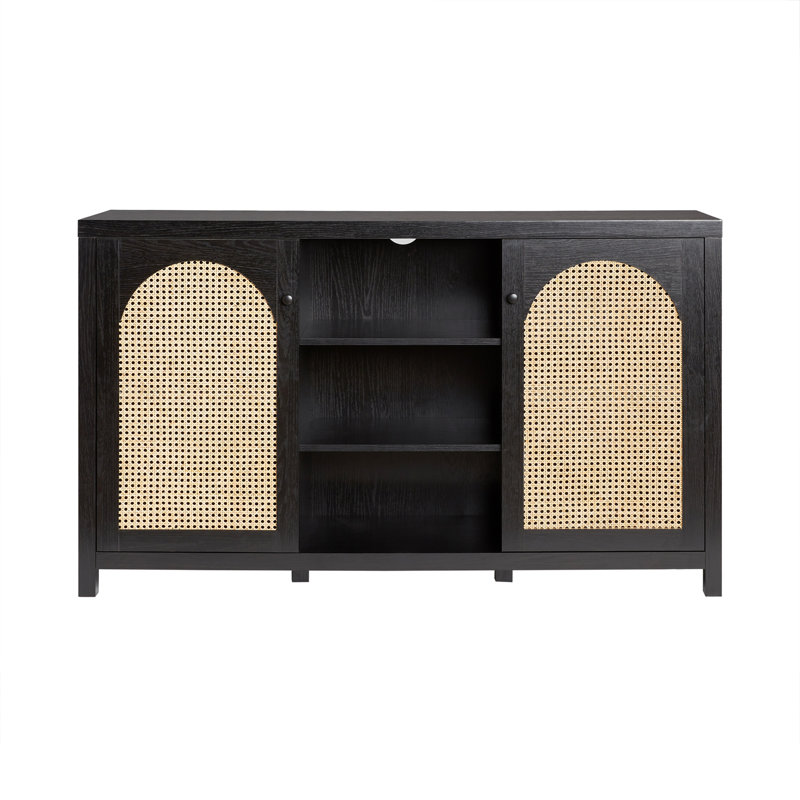 Buffet transitionnel 58 po à 2 portes avec panneaux en rotin arqué, Noir