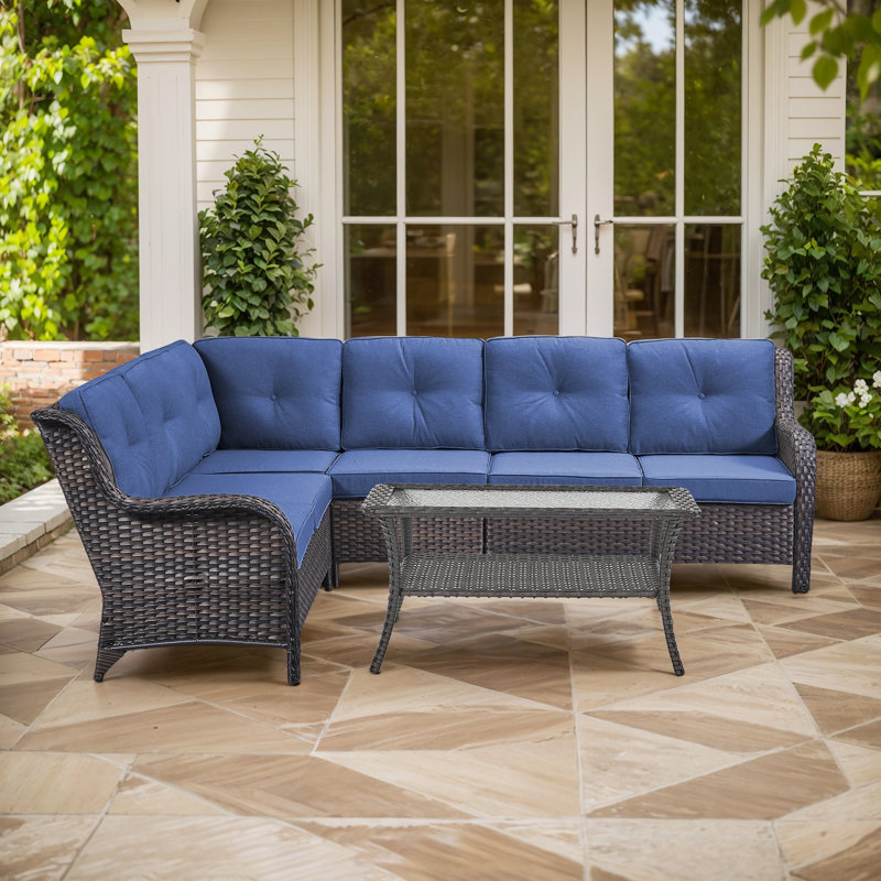 6-Person Outdoor PE Rattan Sectional Seating Group With Cushions, Blue, Brown