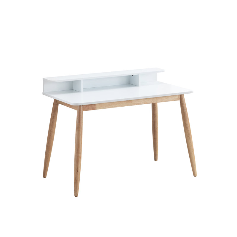Bureau blanc avec style Mid-Century moderne et bois d'hévéa 43 po x 23,6 po, bureau de 34,4 po avec pieds robustes et 3 tablettes de rangement pour l 43 po x P 23,4 po