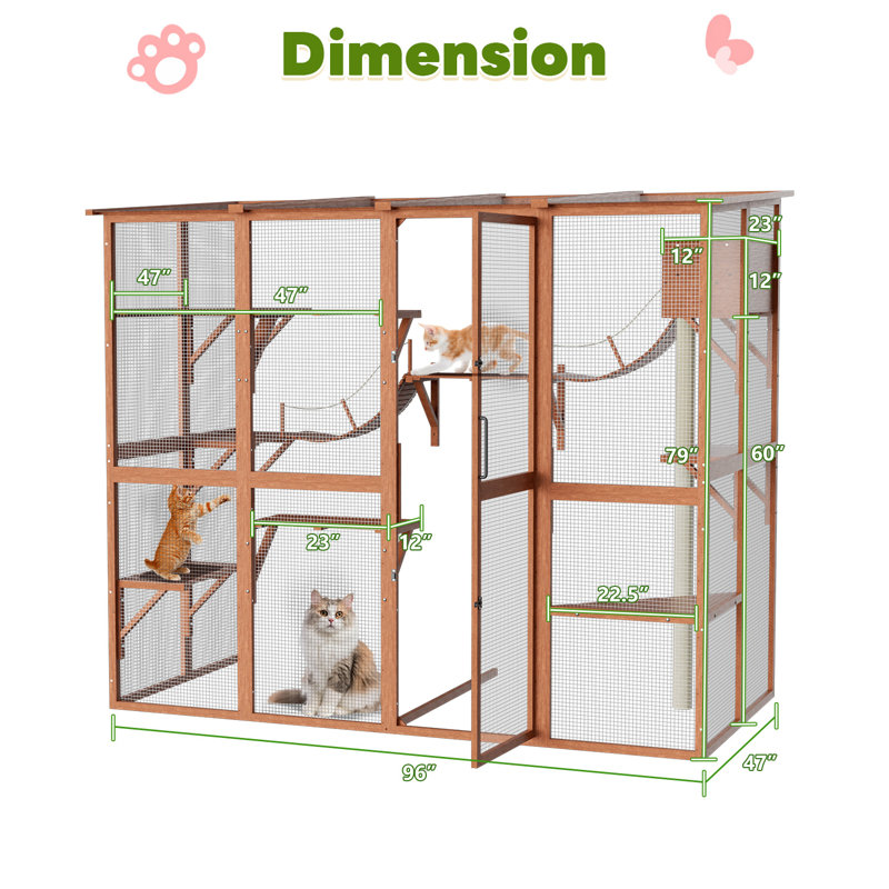 Enceinte d'extérieur pour chat Catio, grande maison de chat avec ponts, plateformes et petite maison, Orange