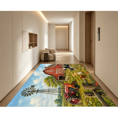 Tapis d'intérieur de style ferme, paysage rural avec tracteur et coq, motif coloré, décoration artistique, antidérapant, idéal pour salon, chambre, cuisine, entrée, appartement