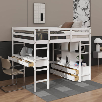 Lit mezzanine double avec bureau, tablettes et tiroirs de rangement