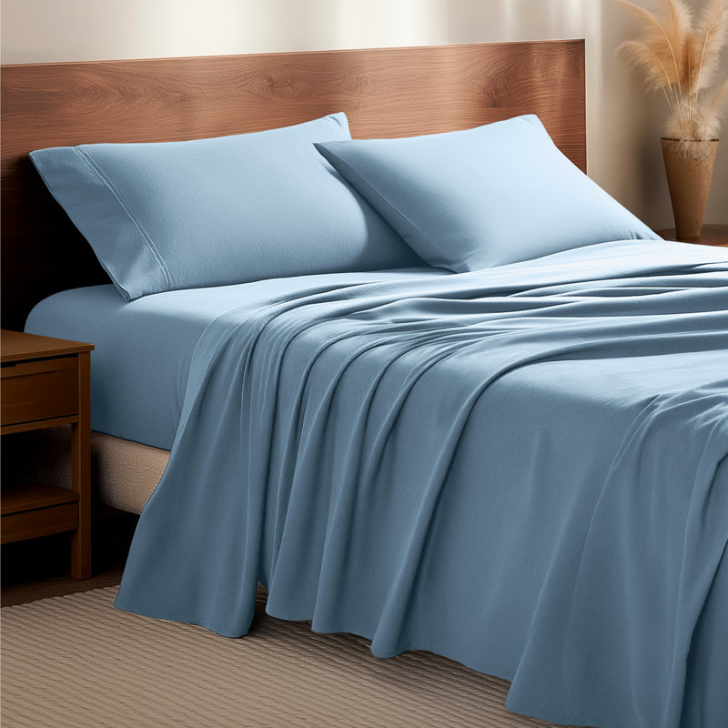 100% Cotton Flannel Sheet Set, Light Blue, King Sheet Set with 2 Pillowcases