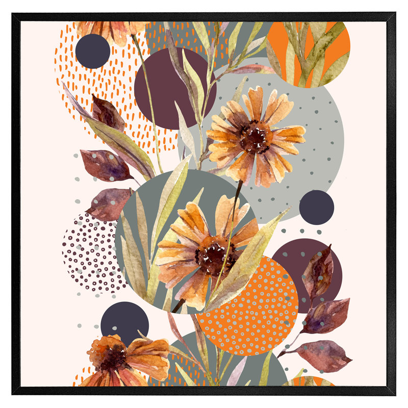 Kalamazoo Orange Geometric With Flowers - Single Picture Frame Print, 31cm H x 31cm W x 4cm D, Black Framed
