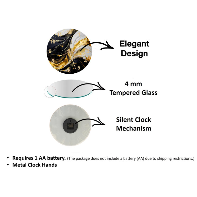 Horloge murale abstraite en verre trempé à coups de pinceau abstrait blanc, noir et or, Noir