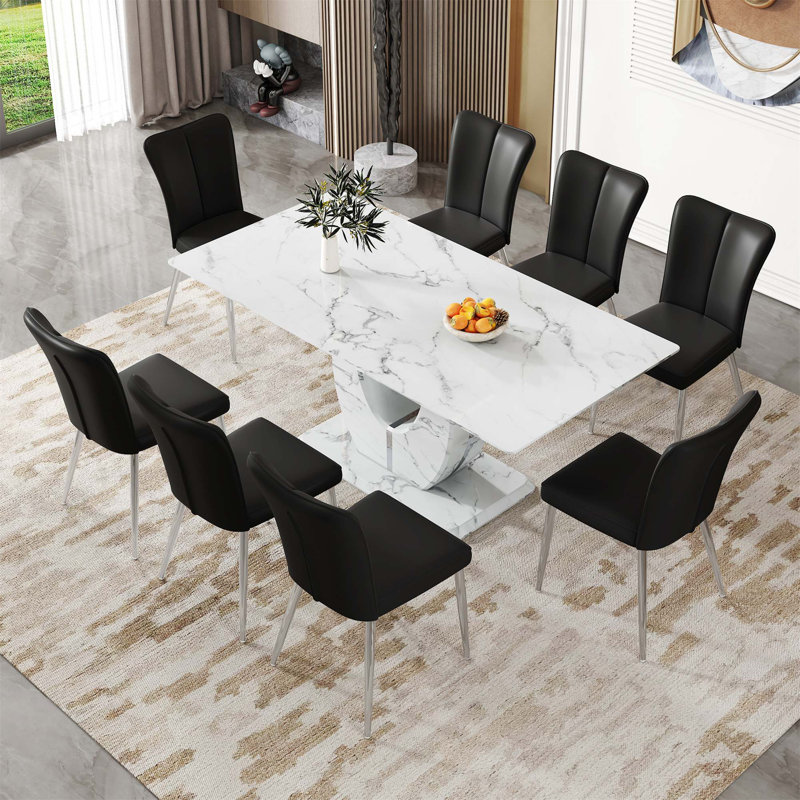 Ensemble de table et de chaises Willistine, ensemble de salle à manger moderne simple en marbre avec chaises en polyuréthane, autocollant en marbre, plateau de table en verre trempé, avec pieds de chaise arqués en métal