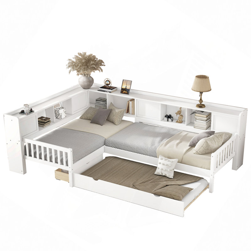 L-Shaped Platform Bed With Trundle, Solid Wood Platform Bed With Storage Drawers And Shelves, No Spring Box Needed, White