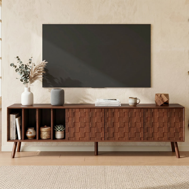 Meuble télé 68 po Mid-Century, console multimédia pour téléviseur de 75 po ou moins, panneau de fibres à densité moyenne de haute qualité avec 5 pieds en bois massif pour le salon et la chambre à coucher