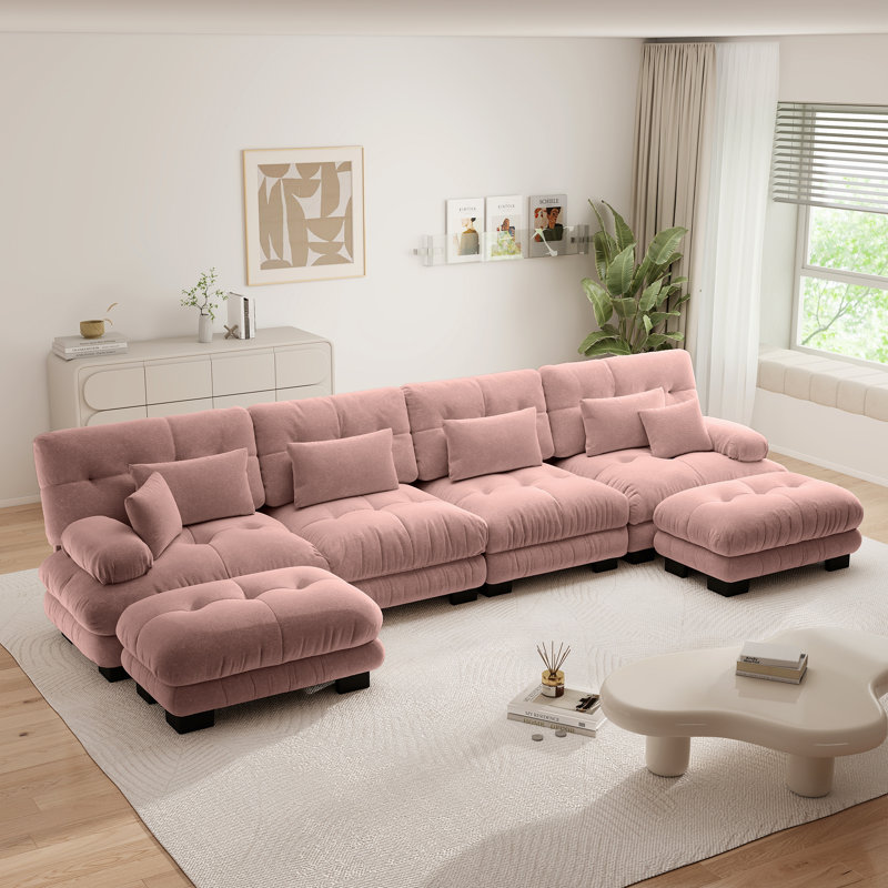 Canapé modulaire en forme de U à combinaison libre avec sièges profonds et 2 repose-pieds convertibles, rosé chenille, Rose