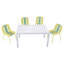 Paquet de 4 chaises à blocs de couleur moderne à rayures avec table longue blanche 55 po Summer - Intérieur, extérieur, résistant aux rayons UV, pieds en métal robustes, sièges en PP confortables