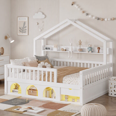 Cadre de lit House pour enfants, lit pour enfants en bois avec garde-corps de sécurité et rangement sous le lit, lit House avec tiroir et lumière