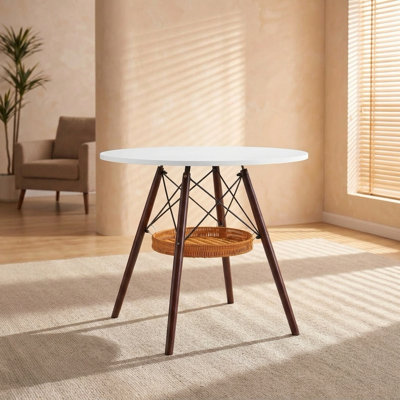Table de salle à manger ronde blanche de style moderne du milieu du siècle, 31,5 pouces, avec panier de rangement et pieds en bois de noyer