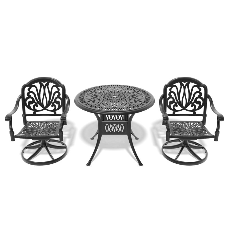 Ensemble de salle à manger 3 pièces en aluminium coulé toutes saisons, comprenant 2 chaises pivotantes et une table ronde pour le confort et la durabilité en plein air