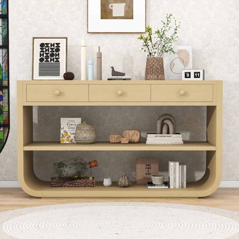 Console courbée avec lignes élégantes, tiroirs et tablette de rangement, Naturel