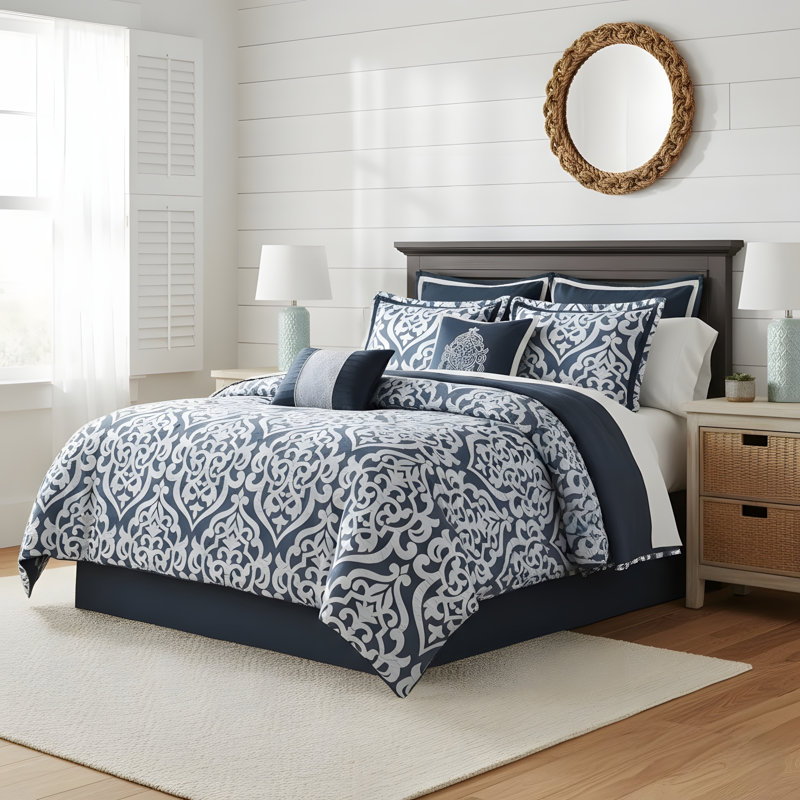 Polyester Jacquard Comforter 8 Piece Set, King Comforter + 7 Additional Pieces, Navy/Silver