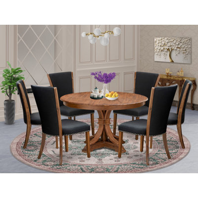 Ensemble de table de salle à manger 7 pièces pour 6 personnes comprenant une table ronde avec piédestal et 6 chaises Parson en tissu noir, noyer antique