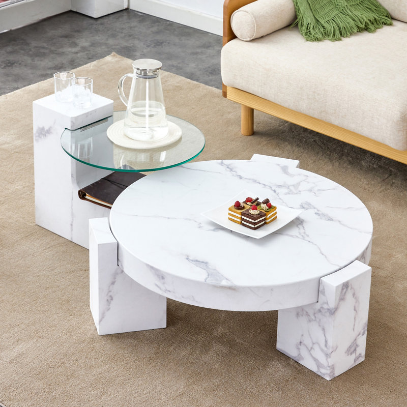 Une table basse moderne, tendance et durable en bois aggloméré texturé avec une table d'appoint. S'agence à plusieurs scènes. Convient au salon et à la chambre à coucher.