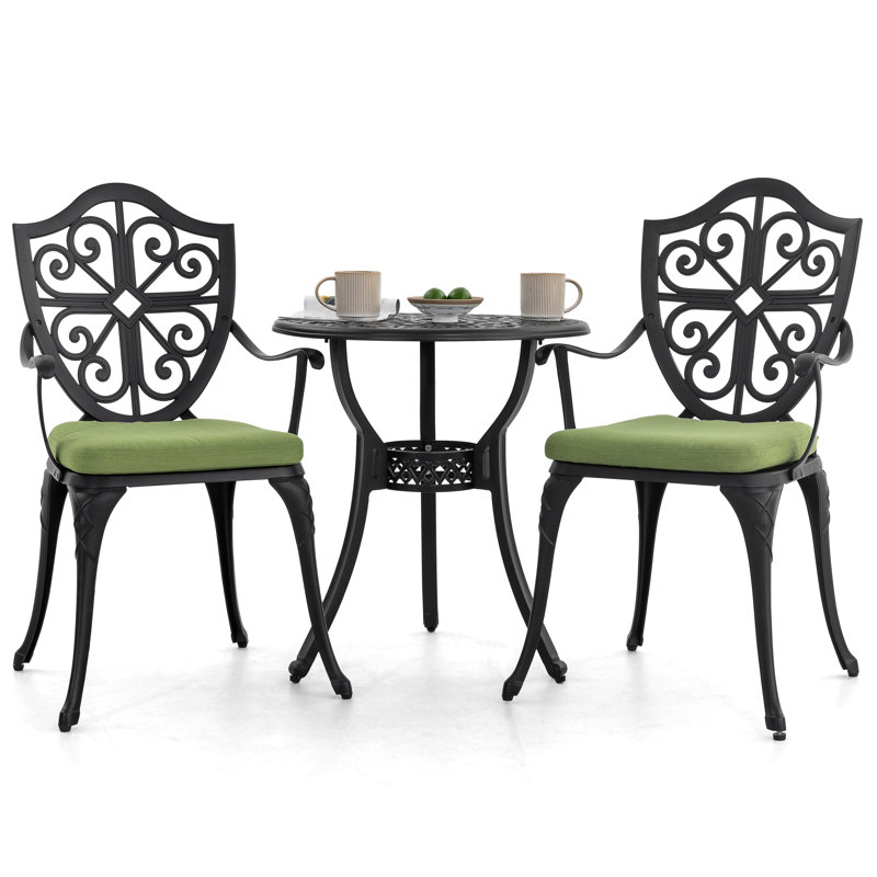 Ensemble bistro d'extérieur avec trou de parasol et coussins 2,17 po, Vert