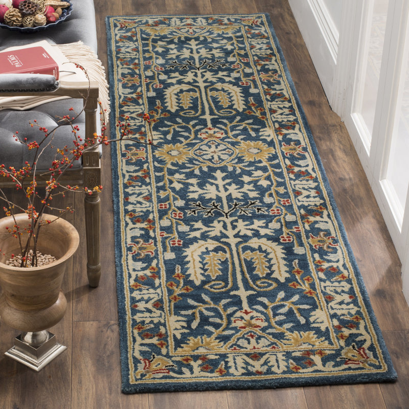 Armintha Oriental Wool Dark Blue Area Rug, Runner 2'3" x 12'