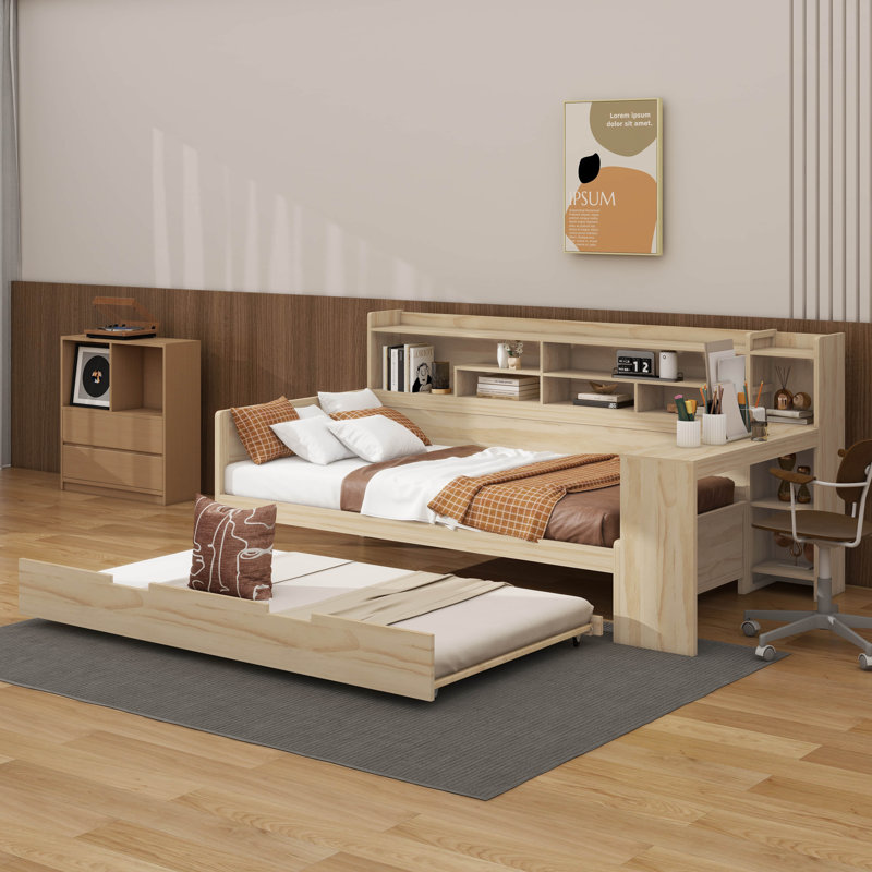 Daybed With Trundle Side Bookcase And Desk Pine Wood Captains Bed With Storage Headboard, Natural, Twin