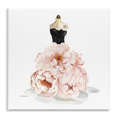 Mannequin de mode corset rose avec motif floral de pivoines noires par Carol Robinson - reproduction d'art sur toile