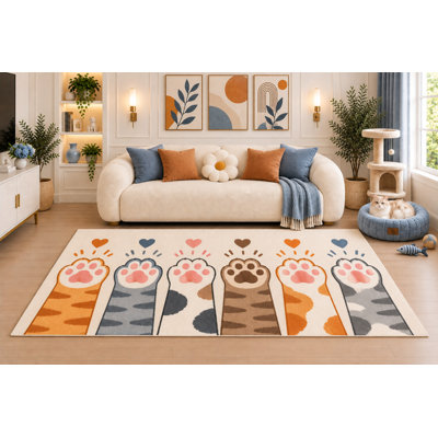Tapis « Ultra Fin » 152 x 213 cm (5 pi x 7 pi) à motifs de pattes de chat et de cœurs, idéal pour le salon ou la chambre d'animaux, avec dos en silicone antidérapant et poils courts.