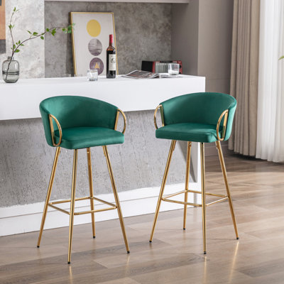 Set Of 2 Velvet Bar Stools With Chrome Footrest And Golden Legs, Perfect For Modern And Elegant Home Bars
