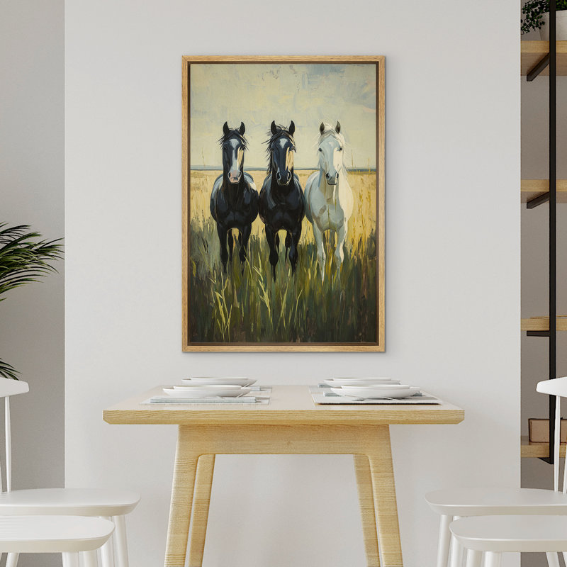«Black and White Horses In The Field», reproduction d'art sur toile encadrée rustique moderne, Naturel, H 24 po x l 16 po