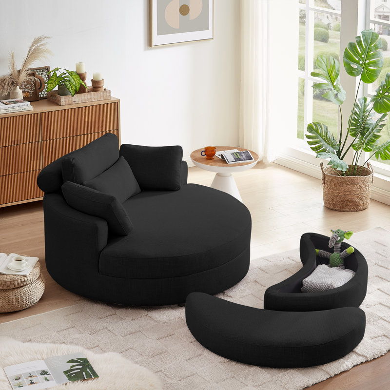 Dashton Upholstered Barrel Chair with Ottoman, Black Linen