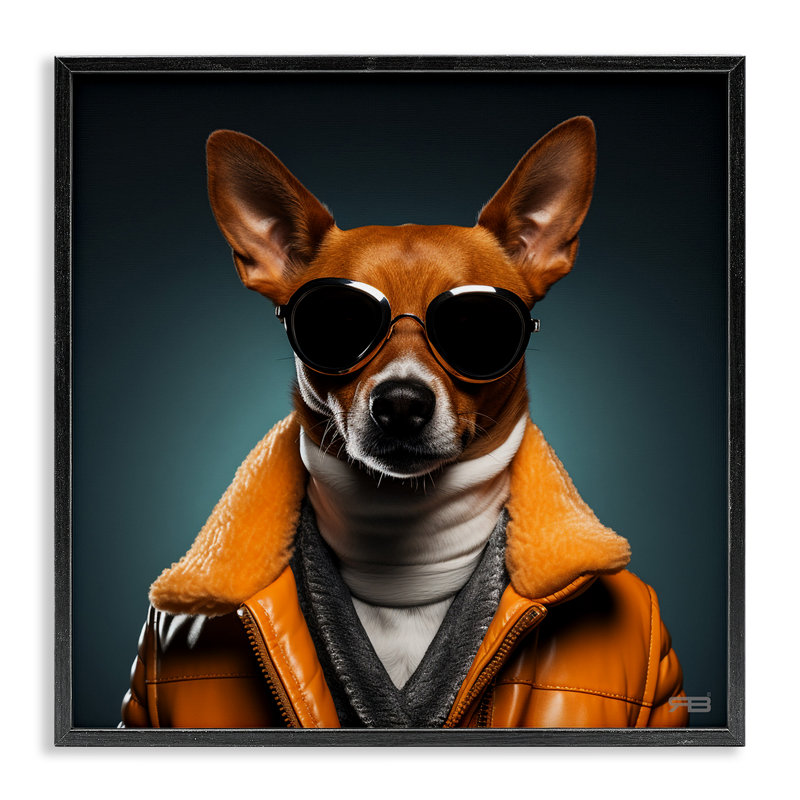 Chien élégant avec lunettes de soleil, estampe numérique par Roozbeh Bahramali, Giclée encadrée noir minuit