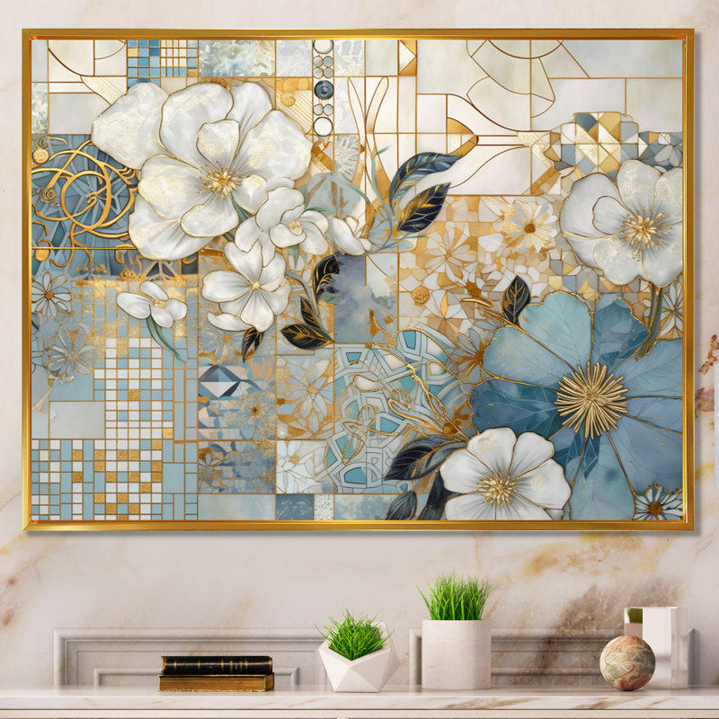 Motif floral doré bleu mosaïque I - impression, H 16 po x l 32 po x P 1 po, Cadre flottant doré