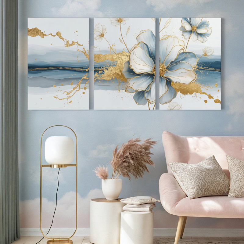 Tableau abstrait floral avec éclaboussures dorées sur toile (paquet de 3), H 36 po x l 72 po