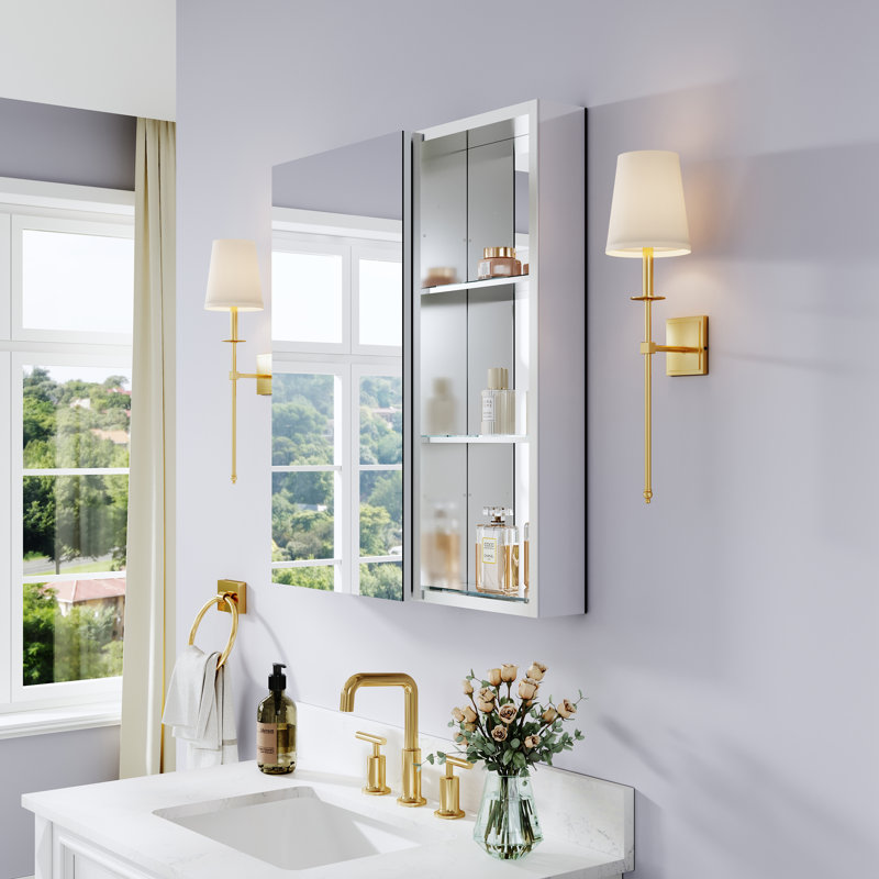 Armoire à pharmacie encastrée ou en saillie en aluminium avec miroir et étagère ouverte pour salle de bain (71 cm L x 76 cm H).